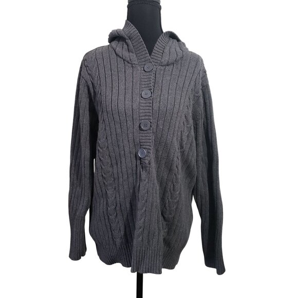 Vintage Womens Y2K Gray Ribbed Fisherman‎ Knit Hooded Cardigan Sweater Size 2X - Picture 1 of 10